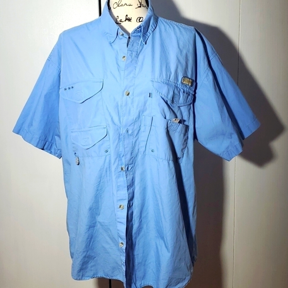 Columbia| Mens Light Blue Performance Fishing Shirt Vented Multiple Pockets Sz.L